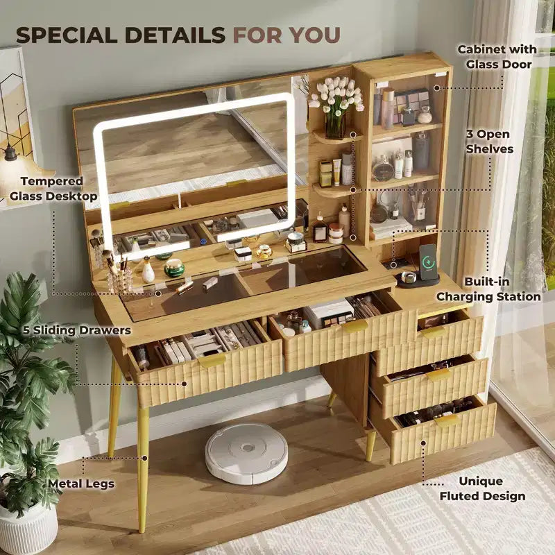 Toletta da trucco da 48 con piano in vetro, moderna e ampia, con specchio dotato di 3 modalità di illuminazione e 5 cassetti