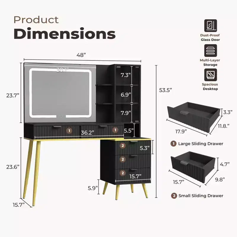 Toletta da trucco da 48 con piano in vetro, moderna e ampia, con specchio dotato di 3 modalità di illuminazione e 5 cassetti