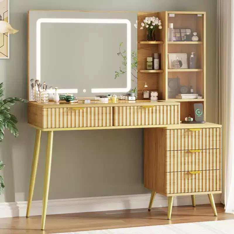 Toletta da trucco da 48 con piano in vetro, moderna e ampia, con specchio dotato di 3 modalità di illuminazione e 5 cassetti