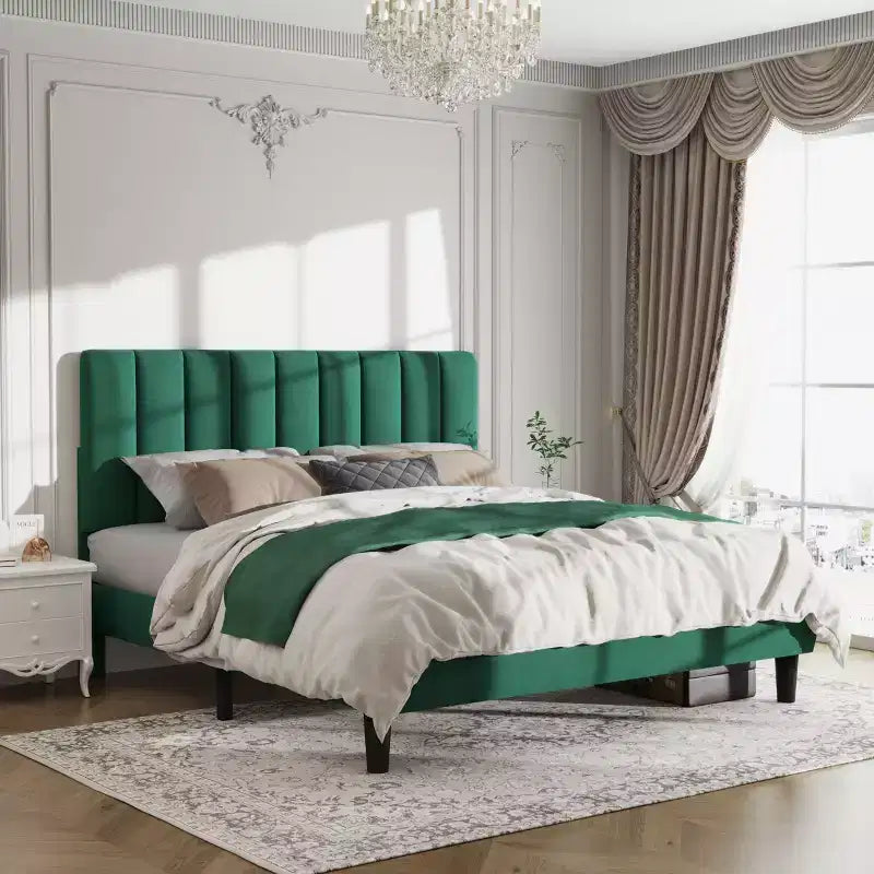 Elegancka aksamitna rama łóżka platformowego Full/Queen z regulowanym tapicerowanym zagłówkiem do głównej sypialni, bez konieczności użycia stelaża sprężynowego
