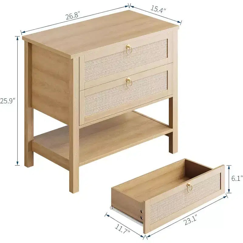 Rattan Nightstand Set of 2, Boho Night Stand with 2 Drawers and Open Shelf, Farmhouse Bedside Table