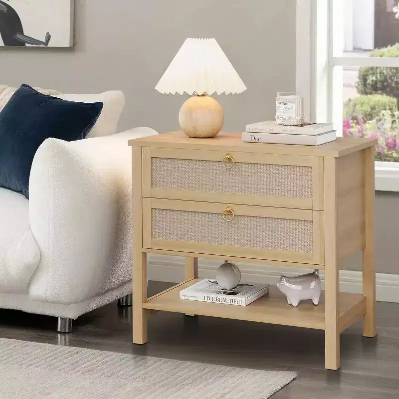 Rattan Nightstand Set of 2, Boho Night Stand with 2 Drawers and Open Shelf, Farmhouse Bedside Table
