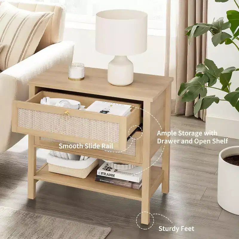Rattan Nightstand Set of 2, Boho Night Stand with 2 Drawers and Open Shelf, Farmhouse Bedside Table