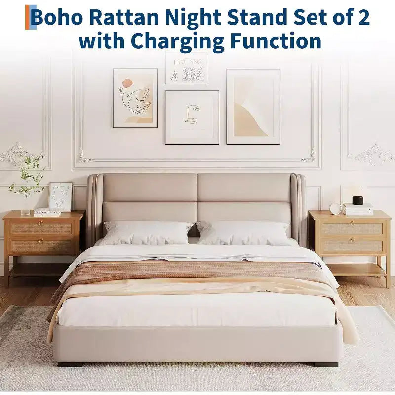 Rattan Nightstand Set of 2, Boho Night Stand with 2 Drawers and Open Shelf, Farmhouse Bedside Table