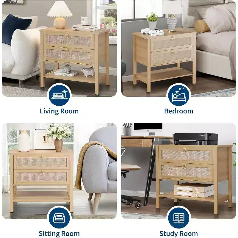 Rattan Nightstand Set of 2, Boho Night Stand with 2 Drawers and Open Shelf, Farmhouse Bedside Table
