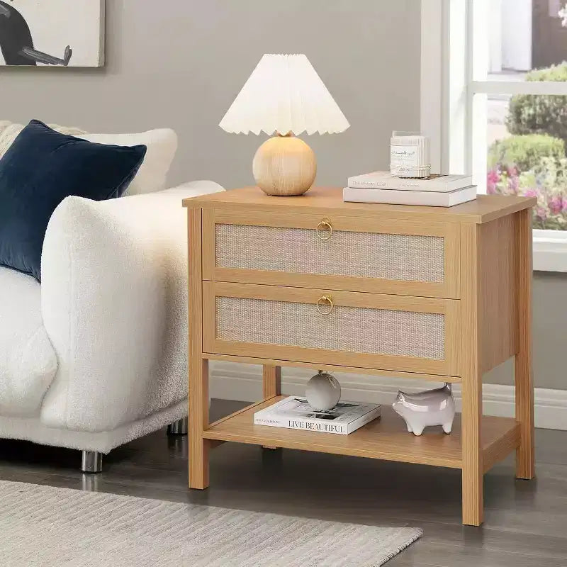 Rattan Nightstand Set of 2, Boho Night Stand with 2 Drawers and Open Shelf, Farmhouse Bedside Table