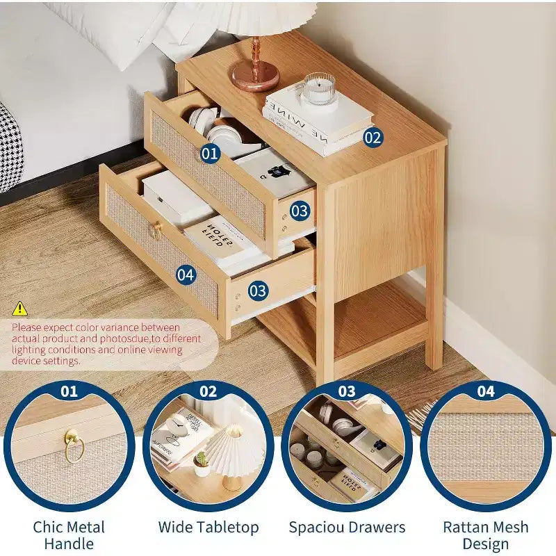 Rattan Nightstand Set of 2, Boho Night Stand with 2 Drawers and Open Shelf, Farmhouse Bedside Table
