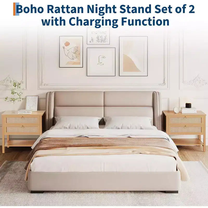 Rattan Nightstand Set of 2, Boho Night Stand with 2 Drawers and Open Shelf, Farmhouse Bedside Table