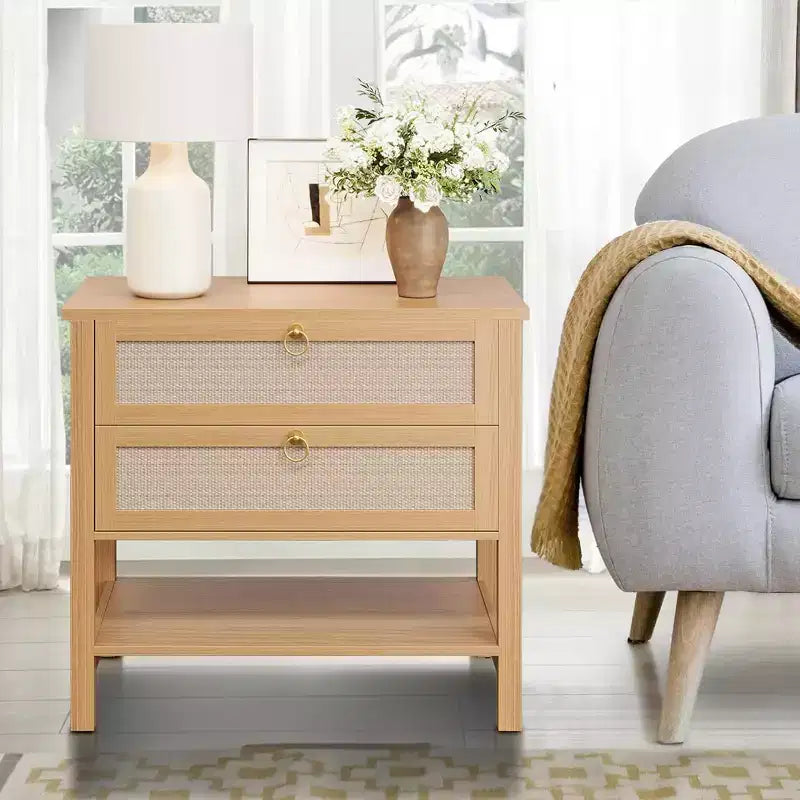 Rattan Nightstand Set of 2, Boho Night Stand with 2 Drawers and Open Shelf, Farmhouse Bedside Table