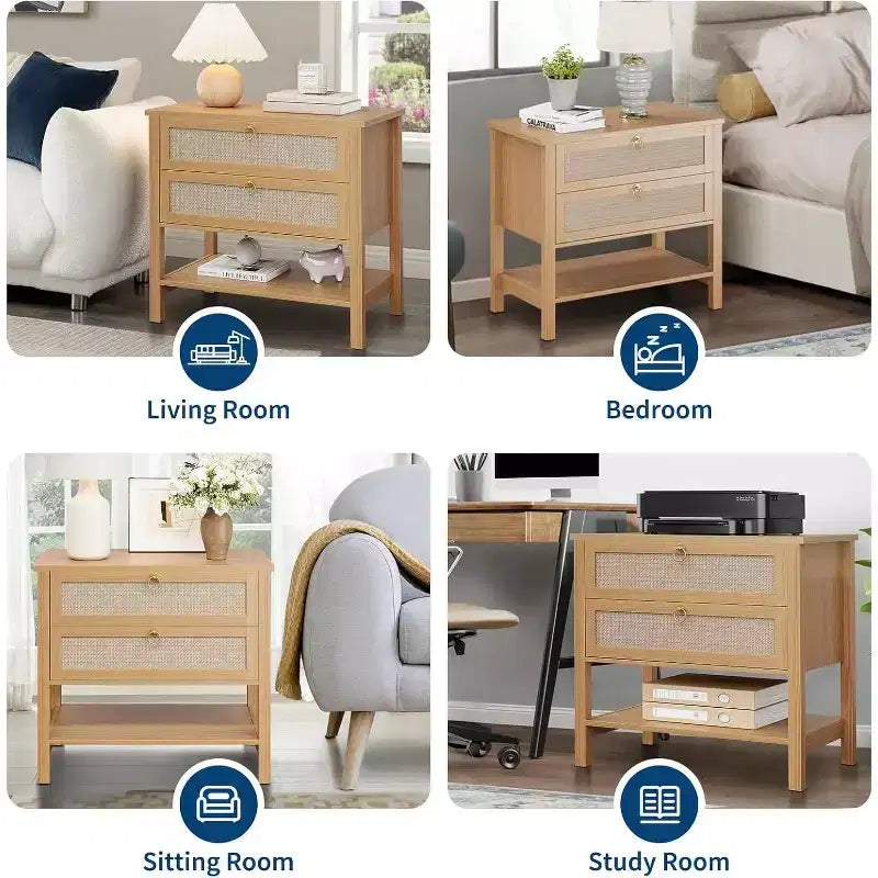 Rattan Nightstand Set of 2, Boho Night Stand with 2 Drawers and Open Shelf, Farmhouse Bedside Table