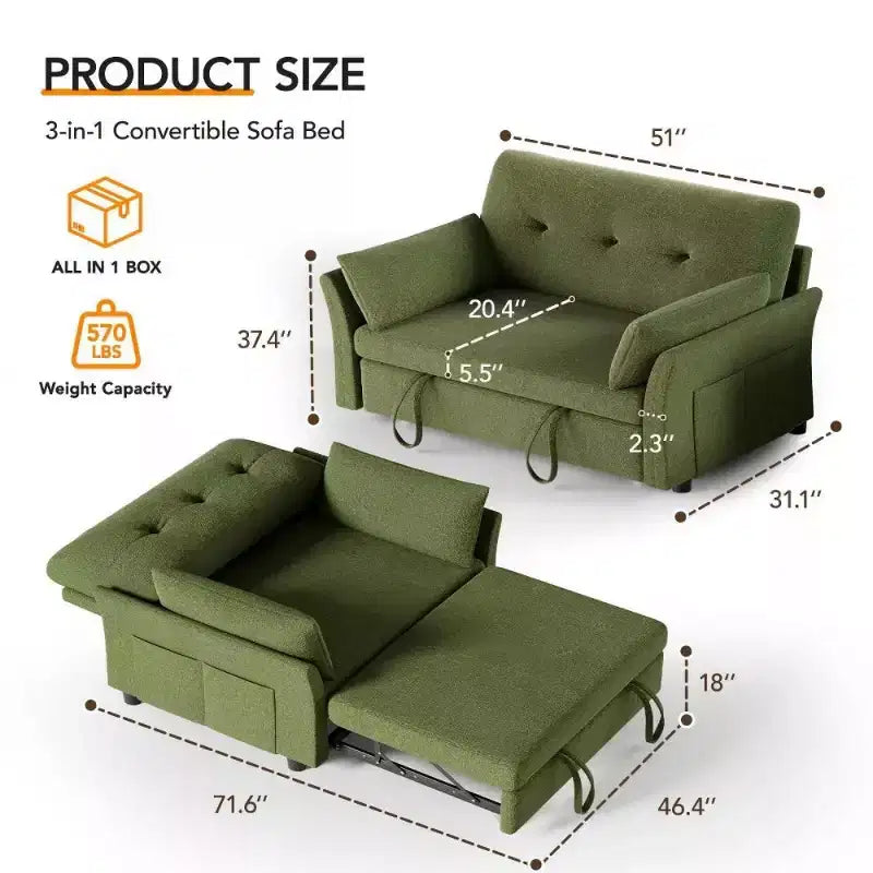 51 3-in-1 Sleeper Sofa Bed, Convertible Loveseat with Pull-Out Bed, Adjustable Backrest, Linen Couch