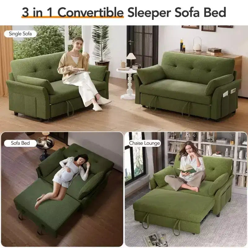 51 3-in-1 Sleeper Sofa Bed, Convertible Loveseat with Pull-Out Bed, Adjustable Backrest, Linen Couch