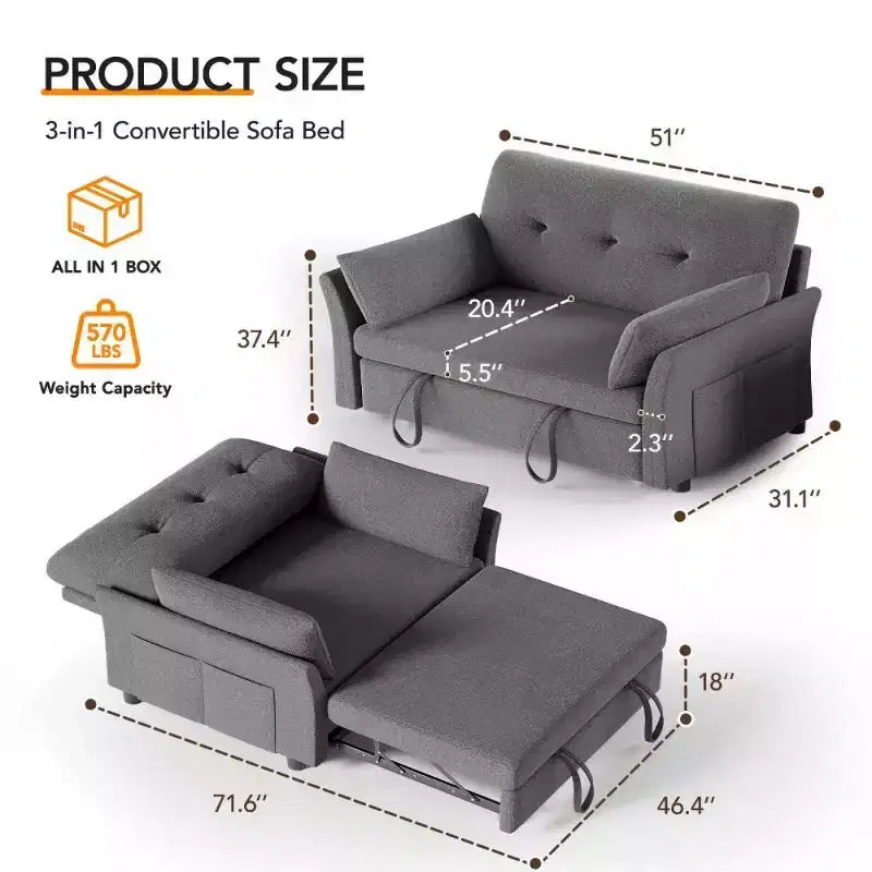 51 3-in-1 Sleeper Sofa Bed, Convertible Loveseat with Pull-Out Bed, Adjustable Backrest, Linen Couch