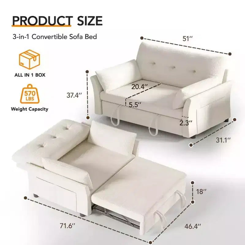 51 3-in-1 Sleeper Sofa Bed, Convertible Loveseat with Pull-Out Bed, Adjustable Backrest, Linen Couch