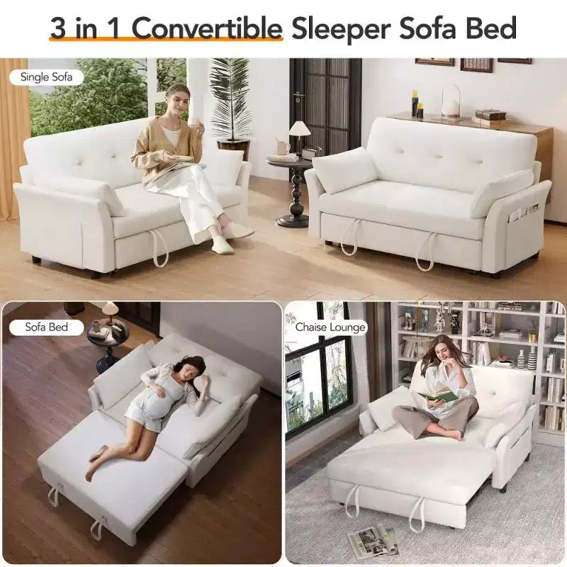 51 3-in-1 Sleeper Sofa Bed, Convertible Loveseat with Pull-Out Bed, Adjustable Backrest, Linen Couch