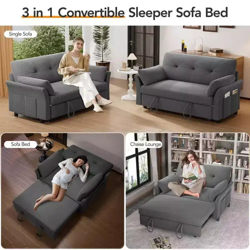 51 3-in-1 Sleeper Sofa Bed, Convertible Loveseat with Pull-Out Bed, Adjustable Backrest, Linen Couch