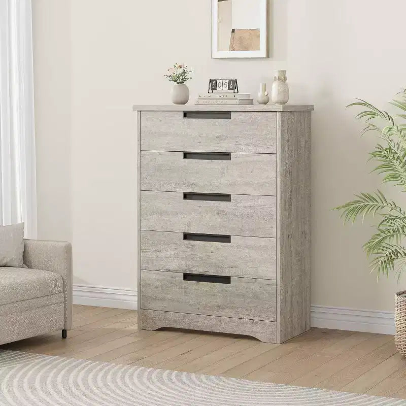 Komoda z 5 szufladami do sypialni, czarna komoda z 5 szufladami i wbudowanymi uchwytami, drewniany organizer do salonu, pokoju dziecięcego lub przedpokoju