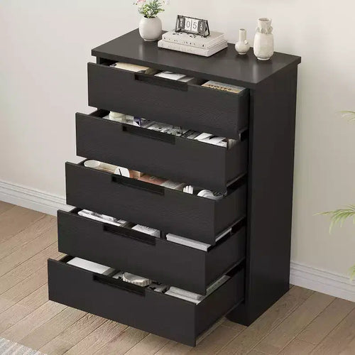 Cassettiera a 5 cassetti per camera da letto, cassettiera nera a 5 cassetti con maniglie integrate, mobile contenitore in legno per soggiorno, cameretta, ingresso