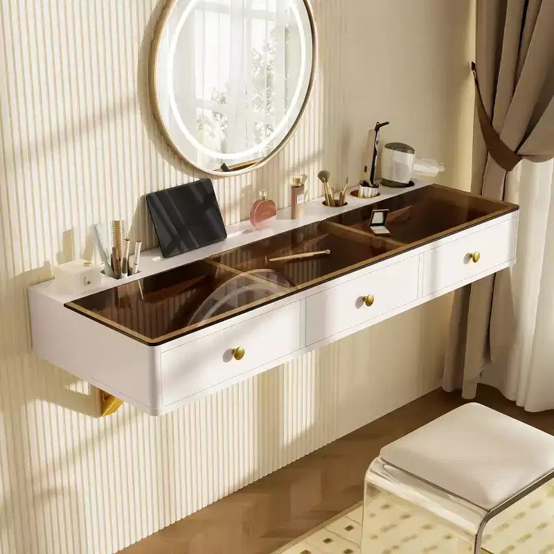 Modern Wall-Mounted Wood Floating Vanity Table with 3 Drawers and Glass Finish