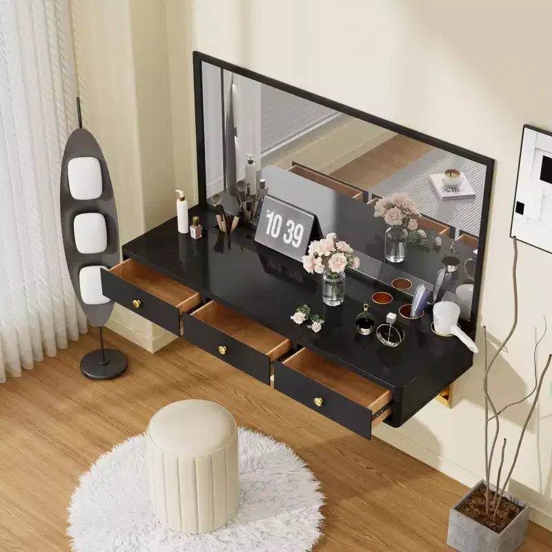 Modern Wall-Mounted Wood Floating Vanity Table with 3 Drawers and Glass Finish
