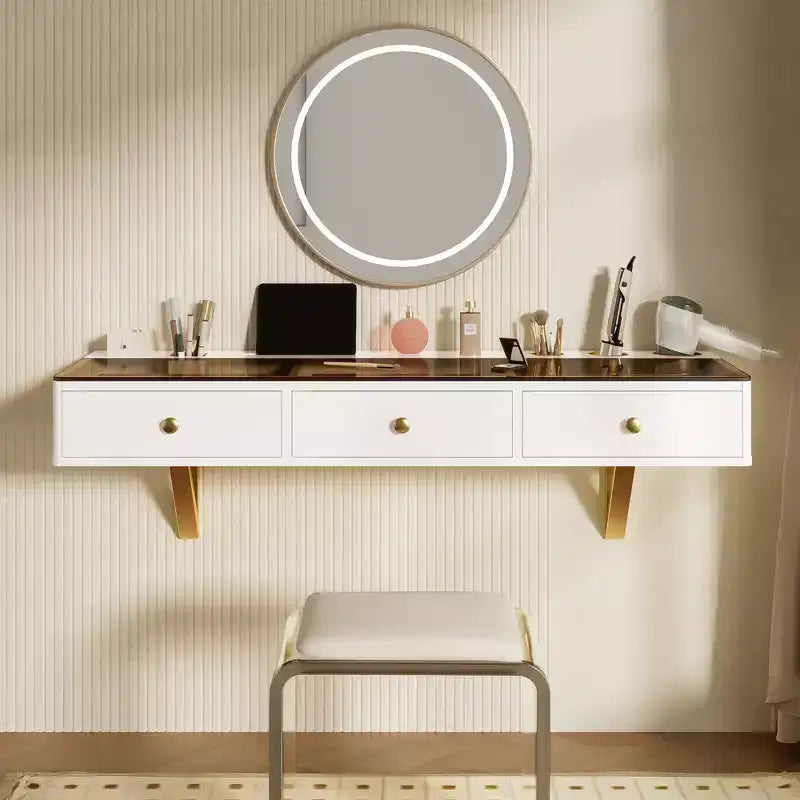 Modern Wall-Mounted Wood Floating Vanity Table with 3 Drawers and Glass Finish