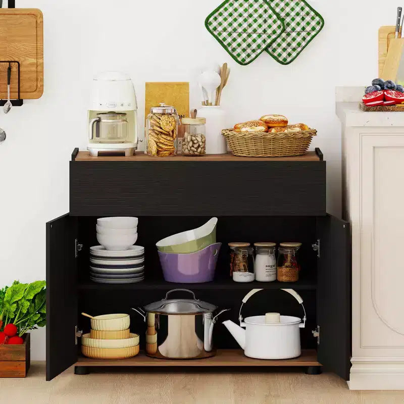 Credenza con contenitore, cassetto e ante a pressione per la cucina, nero/bianco