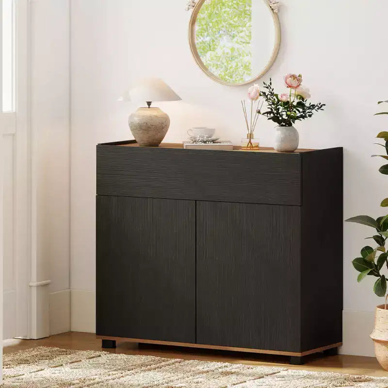 Credenza con contenitore, cassetto e ante a pressione per la cucina, nero/bianco