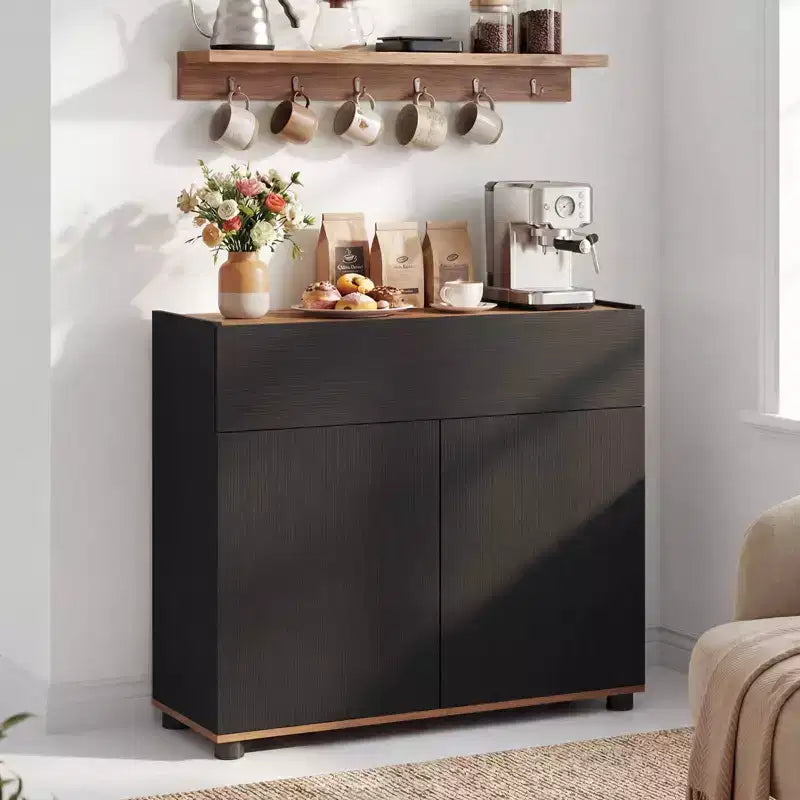 Credenza con contenitore, cassetto e ante a pressione per la cucina, nero/bianco