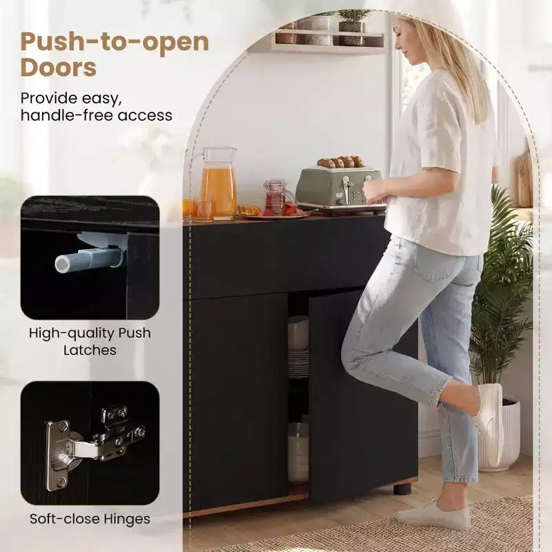 Credenza con contenitore, cassetto e ante a pressione per la cucina, nero/bianco