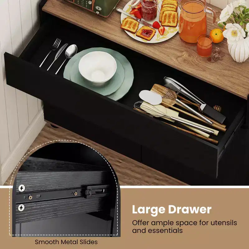 Credenza con contenitore, cassetto e ante a pressione per la cucina, nero/bianco