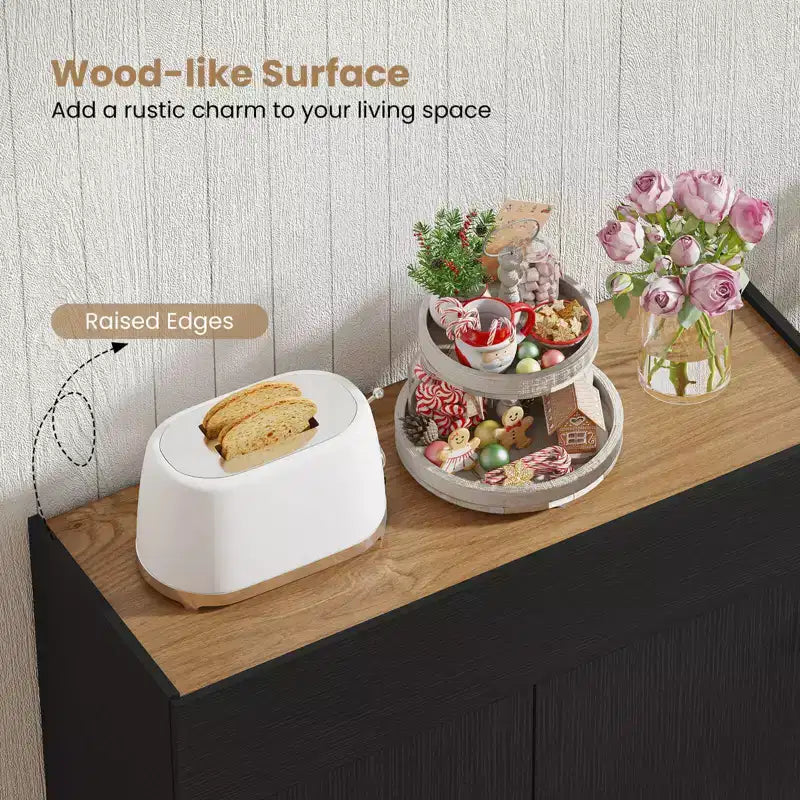 Credenza con contenitore, cassetto e ante a pressione per la cucina, nero/bianco