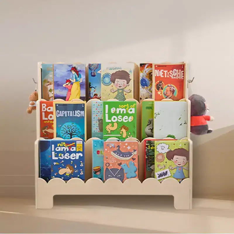 Bookshelf, 3-Tier Scalloped Kids Bookshelf, Front Facing Toddler Bookcase, Dual Hooks for Hanging Backpacks
