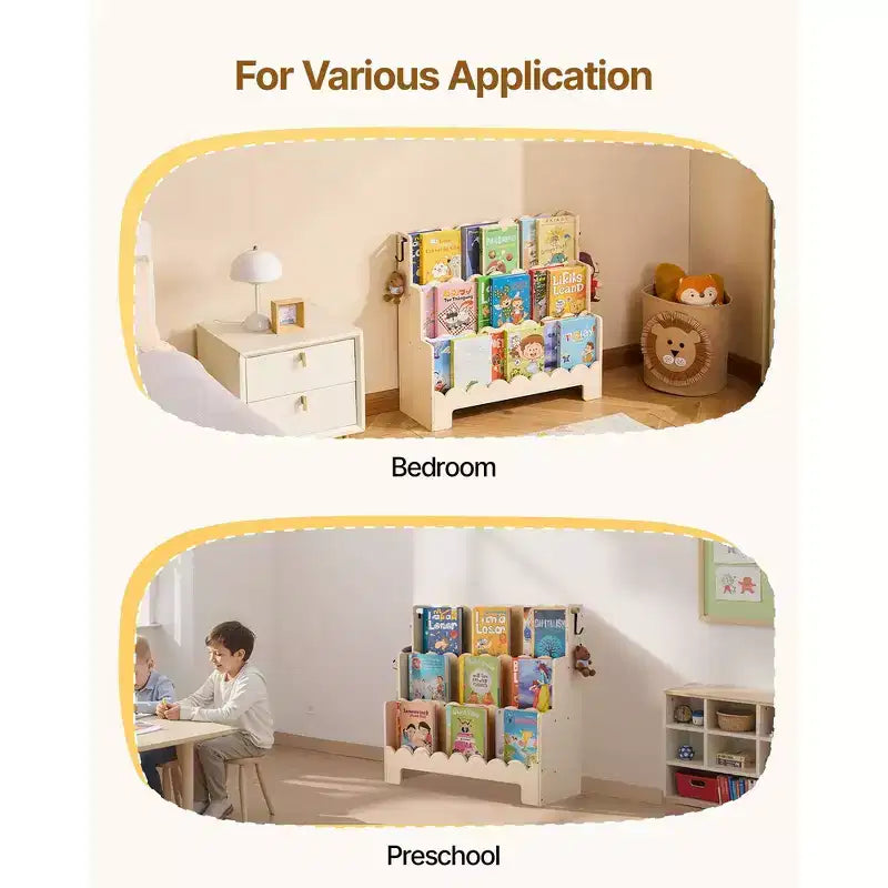Bookshelf, 3-Tier Scalloped Kids Bookshelf, Front Facing Toddler Bookcase, Dual Hooks for Hanging Backpacks
