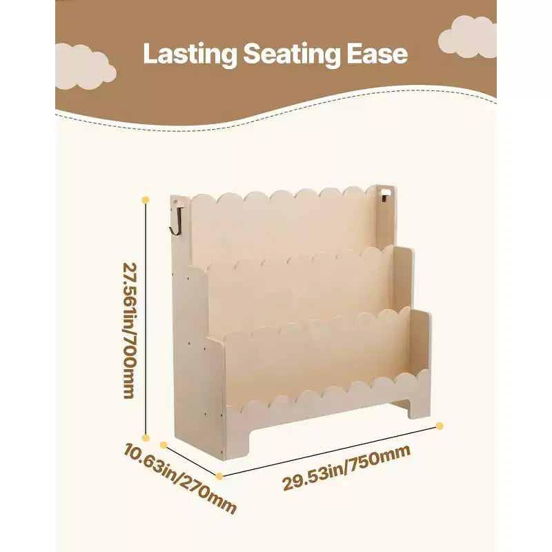 Bookshelf, 3-Tier Scalloped Kids Bookshelf, Front Facing Toddler Bookcase, Dual Hooks for Hanging Backpacks