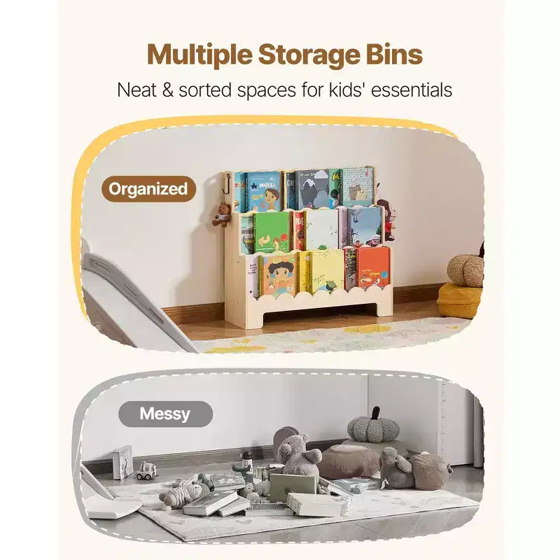 Bookshelf, 3-Tier Scalloped Kids Bookshelf, Front Facing Toddler Bookcase, Dual Hooks for Hanging Backpacks