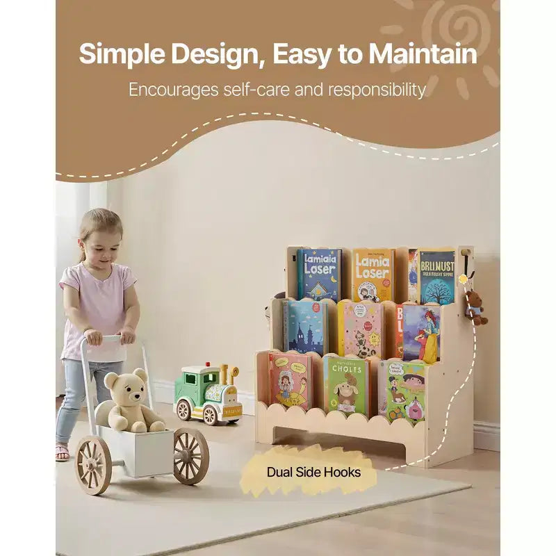 Bookshelf, 3-Tier Scalloped Kids Bookshelf, Front Facing Toddler Bookcase, Dual Hooks for Hanging Backpacks