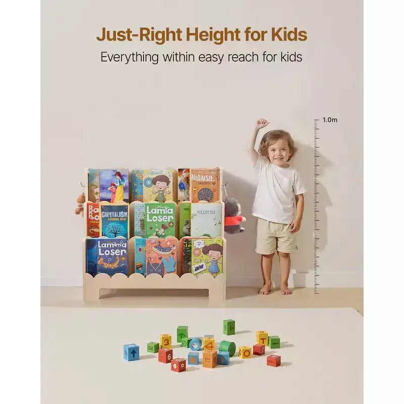Bookshelf, 3-Tier Scalloped Kids Bookshelf, Front Facing Toddler Bookcase, Dual Hooks for Hanging Backpacks