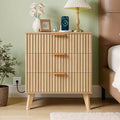 Fluted Nightstand with Charging Station, with 3 Drawers, Dresser for Bedroom, Mid Century Modern End Table, Chest of Dresser, Brown