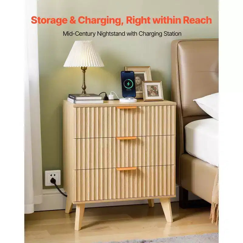 Fluted Nightstand with Charging Station, with 3 Drawers, Dresser for Bedroom, Mid Century Modern End Table, Chest of Dresser, Brown