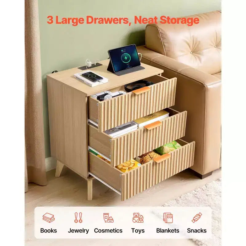 Fluted Nightstand with Charging Station, with 3 Drawers, Dresser for Bedroom, Mid Century Modern End Table, Chest of Dresser, Brown