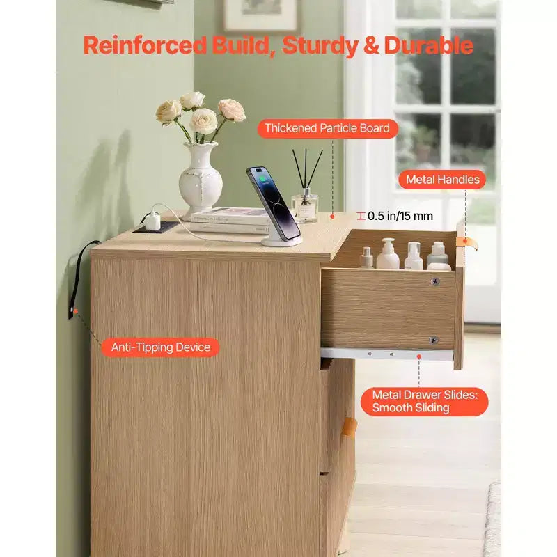 Fluted Nightstand with Charging Station, with 3 Drawers, Dresser for Bedroom, Mid Century Modern End Table, Chest of Dresser, Brown