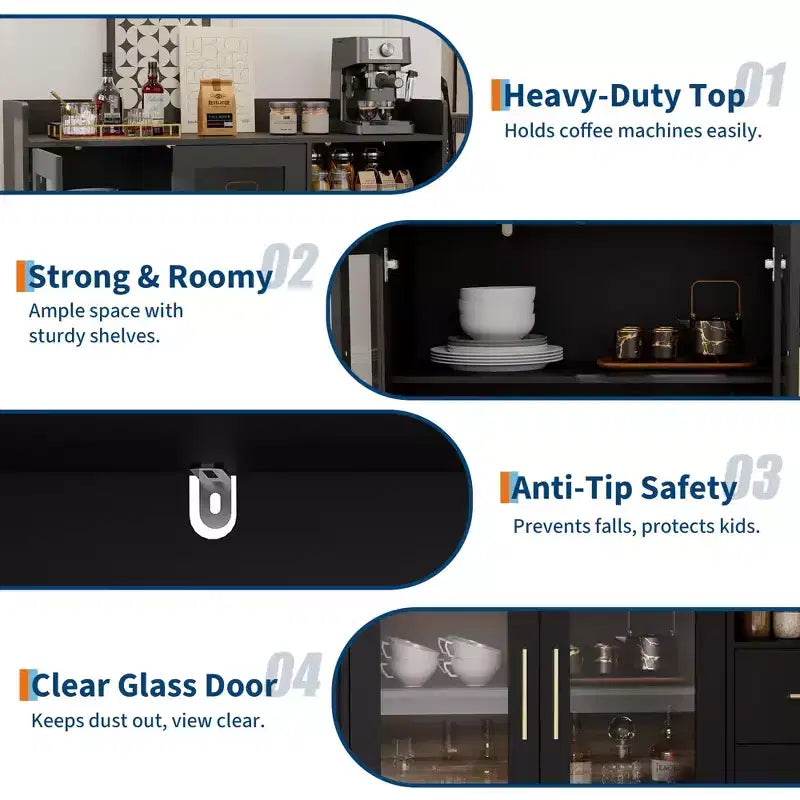 Grande mobile bar moderno con doppie ante in vetro e cassetti, design antiribaltamento, per cucina, soggiorno e sala da pranzo