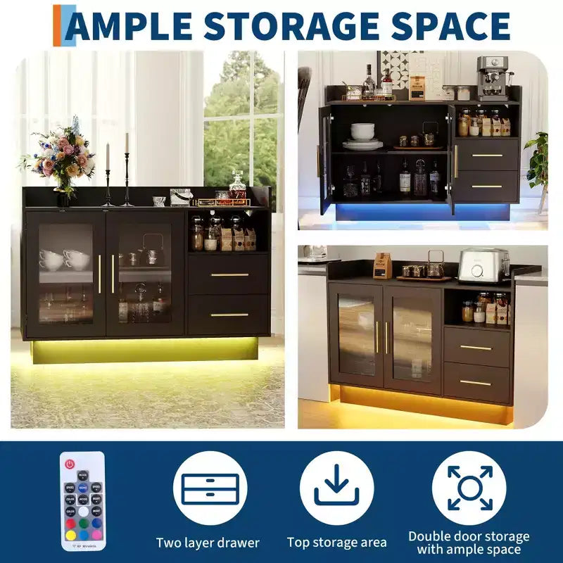 Large Modern Bar Cabinet, Double Glass Doors &amp; Drawers, Anti-Tipping Design, for Kitchen, Living Room, Dining Room