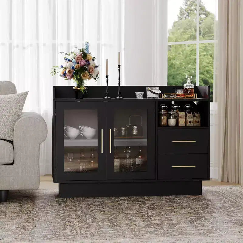 Grande mobile bar moderno con doppie ante in vetro e cassetti, design antiribaltamento, per cucina, soggiorno e sala da pranzo