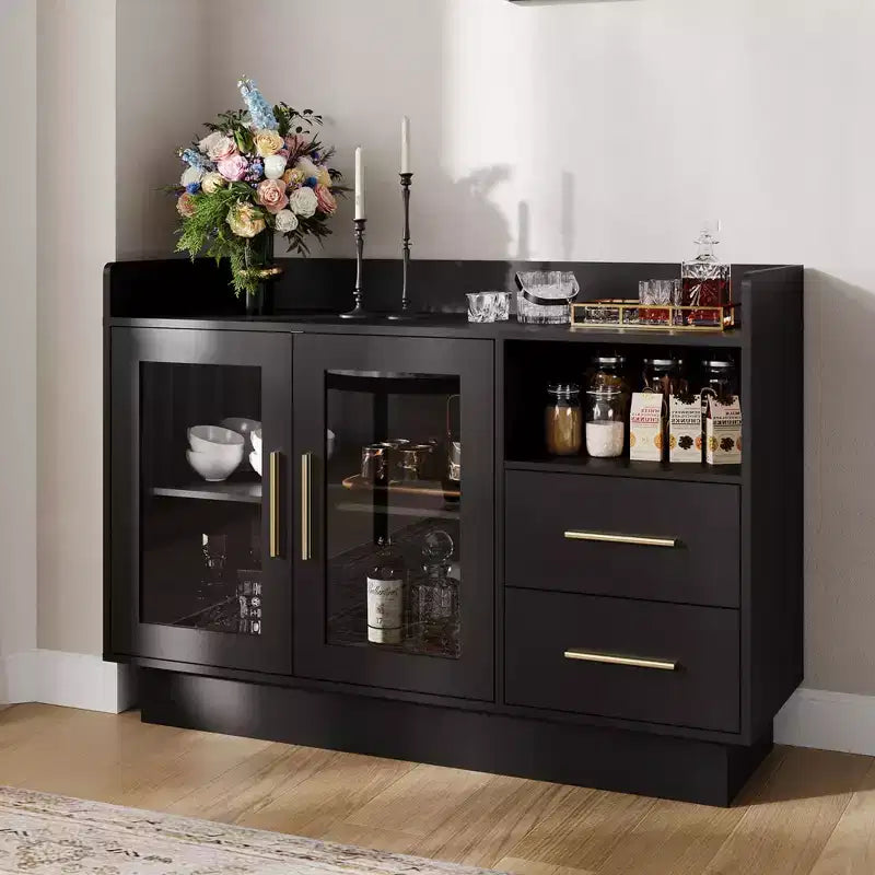 Large Modern Bar Cabinet, Double Glass Doors &amp; Drawers, Anti-Tipping Design, for Kitchen, Living Room, Dining Room