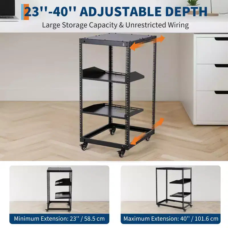 Heavy Duty Carbon Steel Open Frame Network Rack 20U  Adjustable Height 22-40in, 2 Trays, 4 Lockable Casters  Floor/Wall Mount for IT, AV Equipment