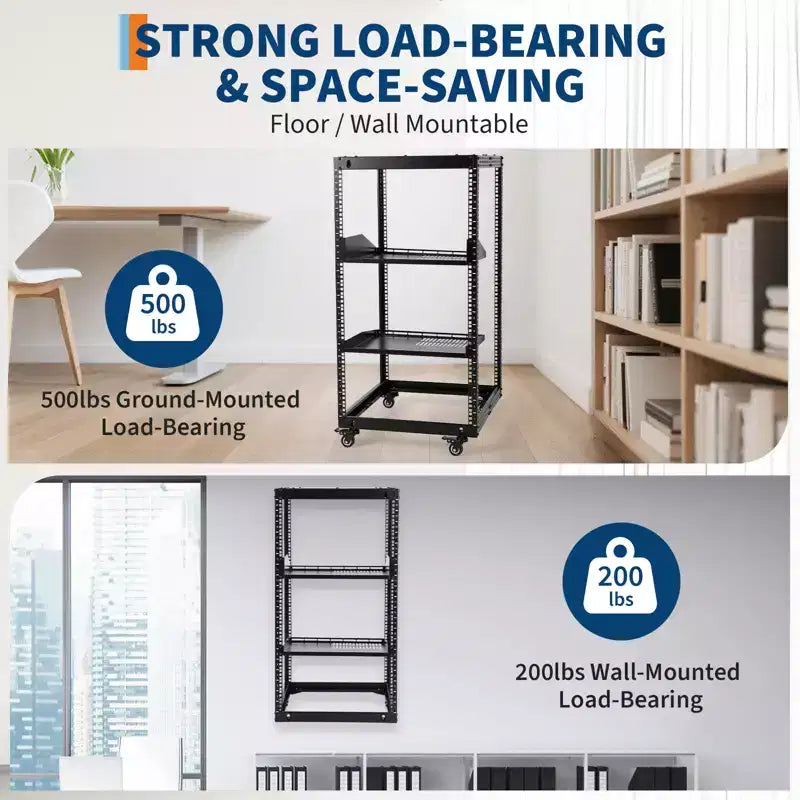 Heavy Duty Carbon Steel Open Frame Network Rack 20U  Adjustable Height 22-40in, 2 Trays, 4 Lockable Casters  Floor/Wall Mount for IT, AV Equipment