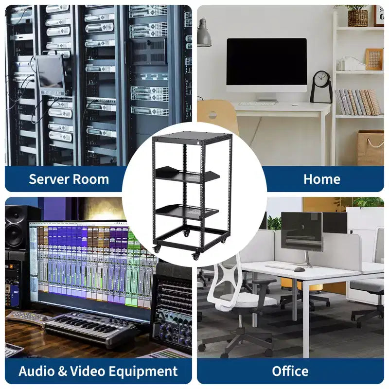 Heavy Duty Carbon Steel Open Frame Network Rack 20U  Adjustable Height 22-40in, 2 Trays, 4 Lockable Casters  Floor/Wall Mount for IT, AV Equipment