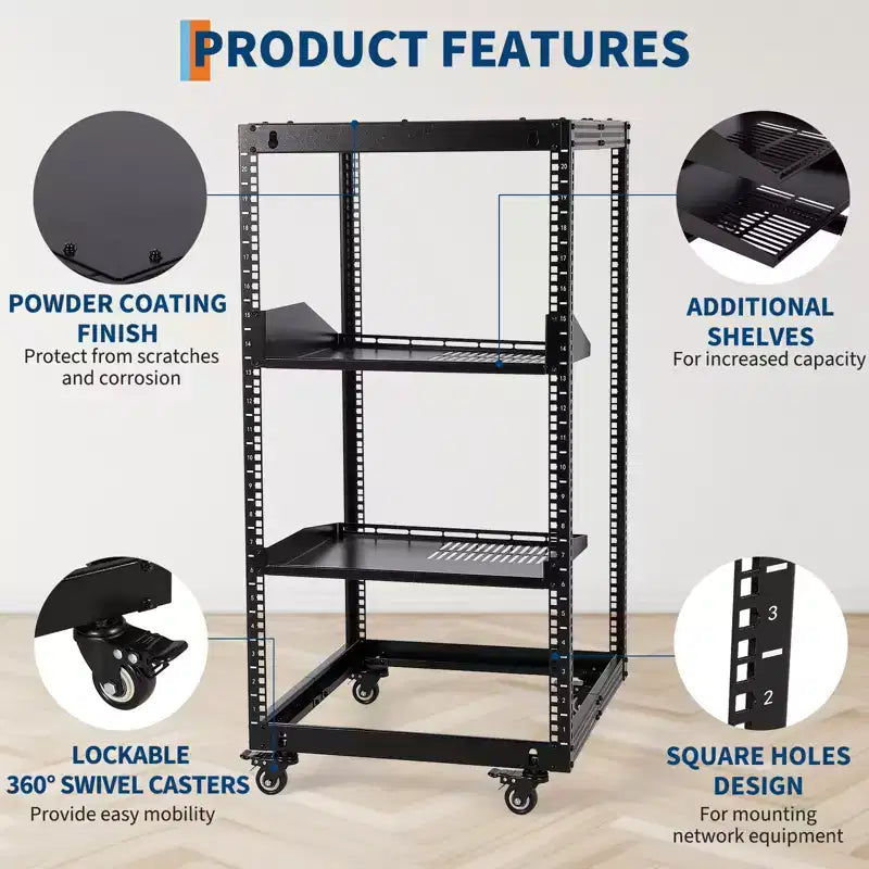 Heavy Duty Carbon Steel Open Frame Network Rack 20U  Adjustable Height 22-40in, 2 Trays, 4 Lockable Casters  Floor/Wall Mount for IT, AV Equipment