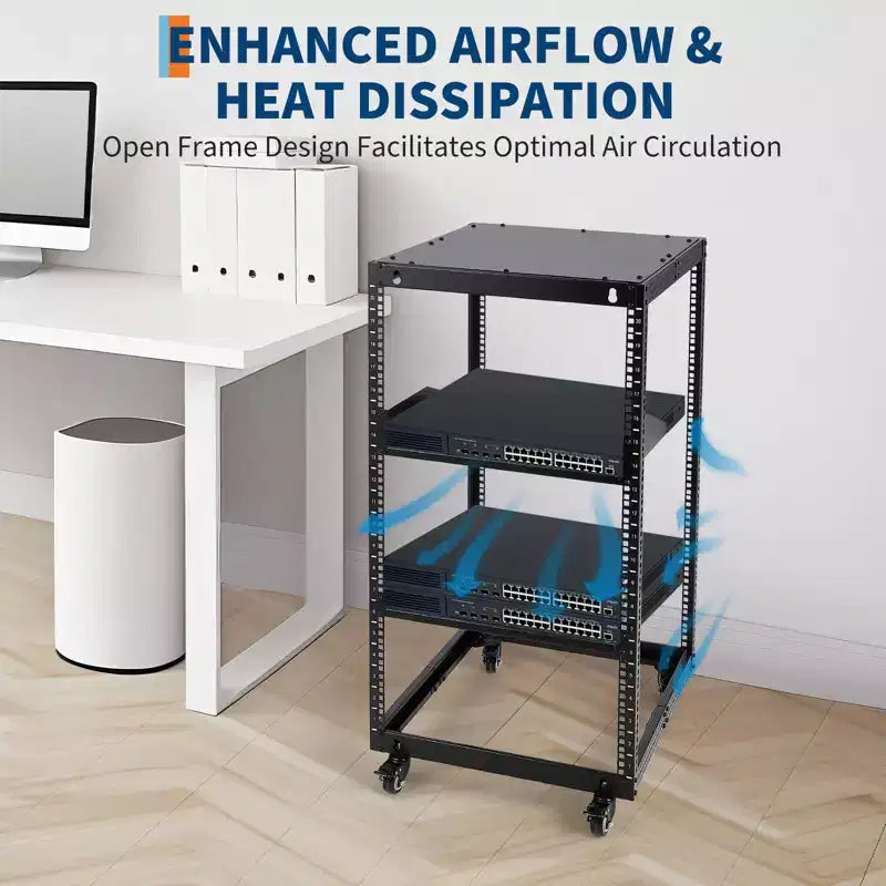 Heavy Duty Carbon Steel Open Frame Network Rack 20U  Adjustable Height 22-40in, 2 Trays, 4 Lockable Casters  Floor/Wall Mount for IT, AV Equipment